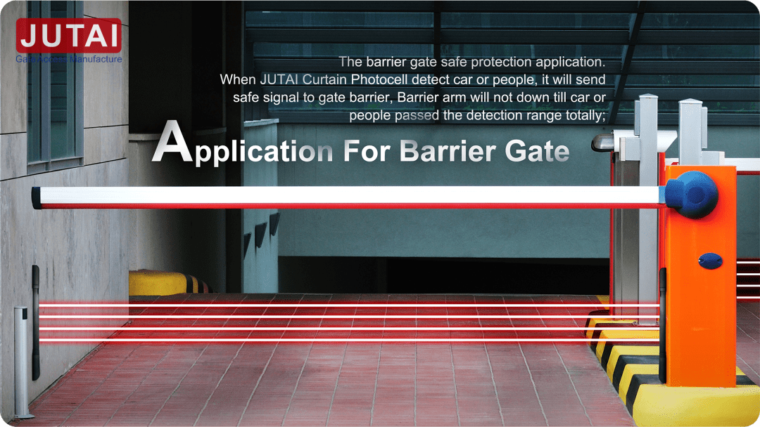 ❀ The barrier gate safe protection application.  When JUTAI Curtain Photocell detect car or people, it will send safe signal to gate barrier, Barrier arm will not down till car or people passed the detection range totally.
