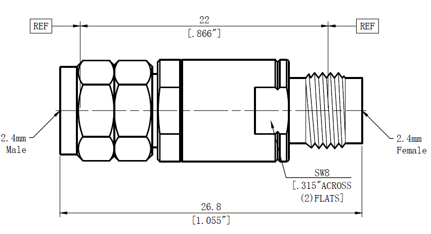 كتلة DC الداخلية مع موصلات ذكر 2.4 مم أنثى إلى 2.4 مم